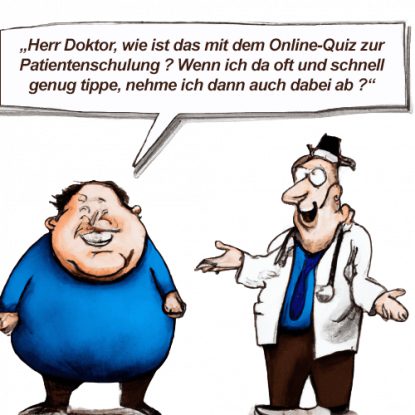 Cartoon eines Arztes und seines Patienten, die sich über Online-Quiz zur Diabetikerschulung unterhalten.