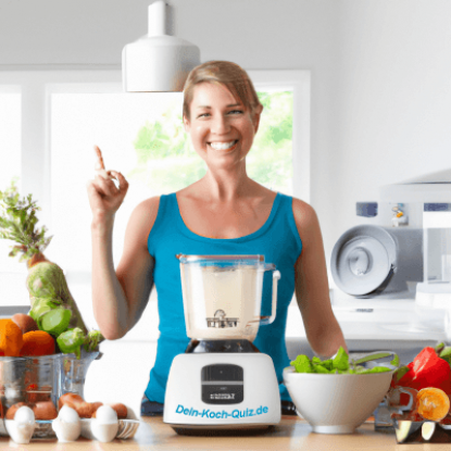 Frau mittleren Alters in ihrer Küche mit gesunden Lebensmitteln und einem modernen Thermomix Kochautomat, umgeben von Ausrufezeichen als Symbol für ihre Ideen, um Quizfragen zu entwickeln. Lächelnde Frau mittleren Alters in ihrer Küche mit gesunden Lebensmitteln und einem modernen Thermomix Kochautomat, umgeben von Ausrufezeichen als Symbol für ihre Ideen, um Quizfragen zu entwickeln.