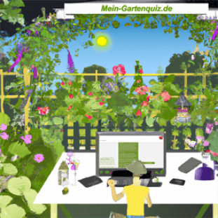 Bunte Illustration einer Gaertnerin, die ein Online-Quiz im virtuellen Garten voller Blumen und Beeren spielt. Gärtnerin spielt Online-Quiz im virtuellen Garten voller Blumen und Beeren.