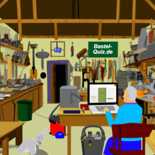 Online-Quiz in einer Holz-Bastlerwerkstatt mit Werkzeugen und Rentner am Tisch. Rentner spielt ein Online-Quiz in einer Holz-Bastlerwerkstatt mit Werkzeugen und Holzstücken im Vordergrund.