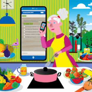 Eine bunte Illustration einer Küche mit froehlicher Koechin, die ein Online-Quiz zum Thema gesunde Ernaehrung spielt. Illustration einer fröhlichen Köchin, die an einem gesunden Ernährungsquiz auf ihrem Handy teilnimmt.