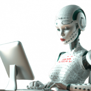 Junge Roboterfrau schreibt E-Mail am Computer für Quizfragen-Generator.