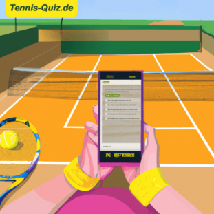 Bunte Illustration eines Tenniscourts mit Tennisspielerin, Tennisschlägern und Bällen für ein kostenloses Online-Quiz zum Thema Tennis. Tennisspielerin nimmt an kostenlosem Online-Quiz zum Thema Tennis teil.